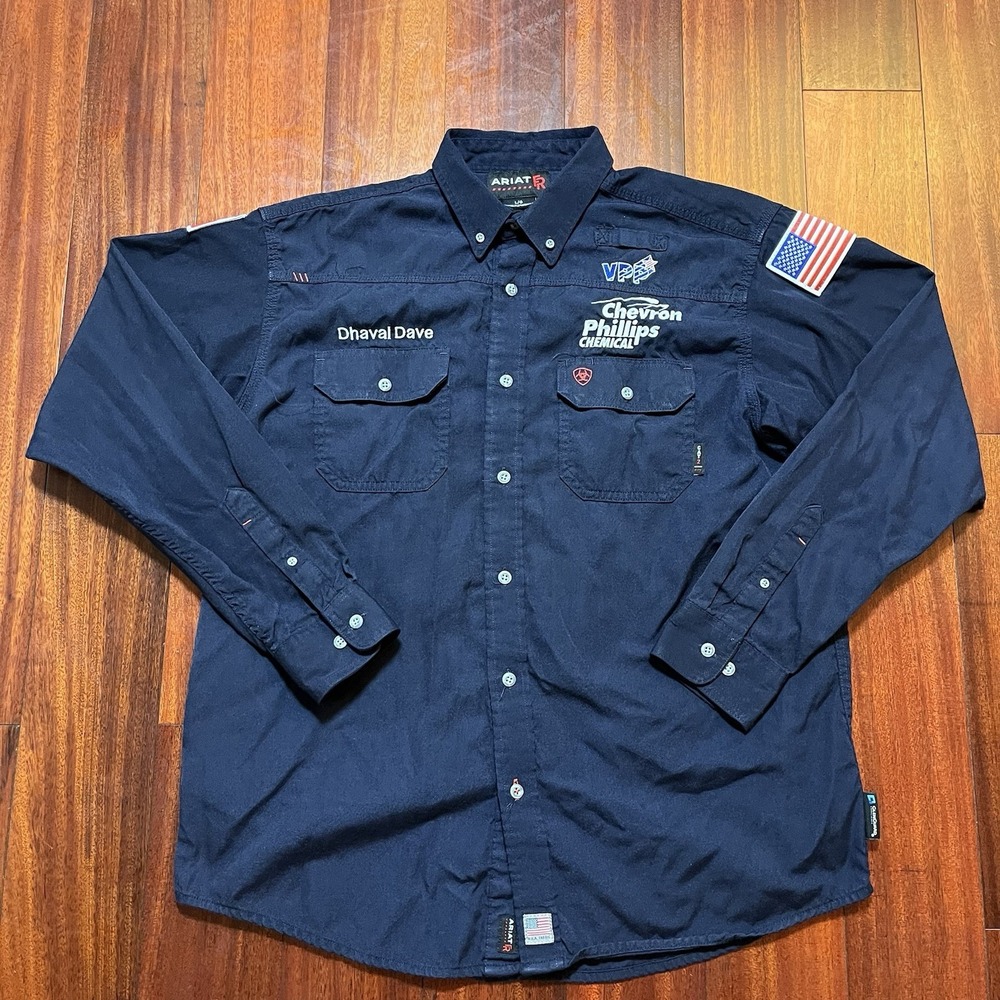 Ariat FR Shirt Mens Large Navy Blue CHEVRON Work Long Sleeve Button Down $109.95
